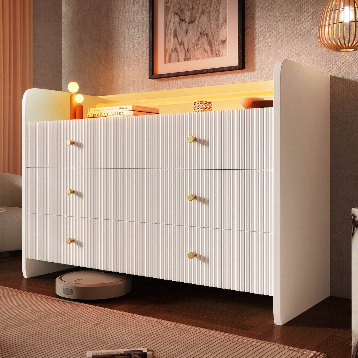 Wishdor Dressoir - Met Ledverlichting - 6 Lades - Golvend Reliëfdesign - Metalen Handgrepen - Spaanplaat - Wit - 120 X 40 X 75 Cm