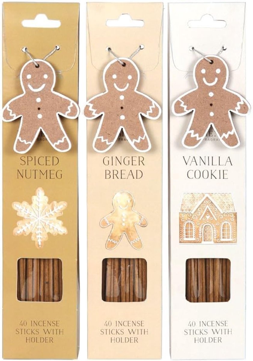 Kerst Wierook Set van 3 – Gingerbread Incense – Nootmuskaat, Gingerbread & Vanille Cookie – Inclusief Peperkoek Wierookhouder – North Pole Bakery Collectie – Winter & Christmas Geurcadeau