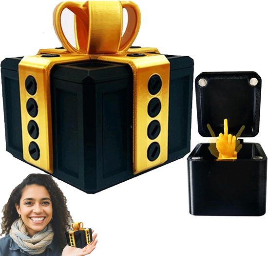 Zwarte geschenkdoos met gouden lint, met open doos met gele middelvinger, vrouw met kleine geschenkdoos.