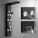 Zwart douchepaneel met vierkante douchekop, handdouche, 6 massagestralen, waterval en digitaal display.