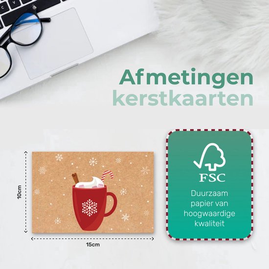 Afmetingen kerstkaart 15x10cm: rode mok met slagroom, kaneelstokje, lolly, sneeuwvlokken en FSC logo.