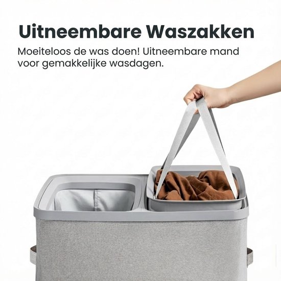 Panier à linge MAZAZU avec 2 compartiments - 100 litres - Trieur de linge avec couvercle - Poches de linge amovibles - Gris clair - Boîte de rangement pliable pour salle de bains et chambre à coucher - 56 × 40 × 67 cm