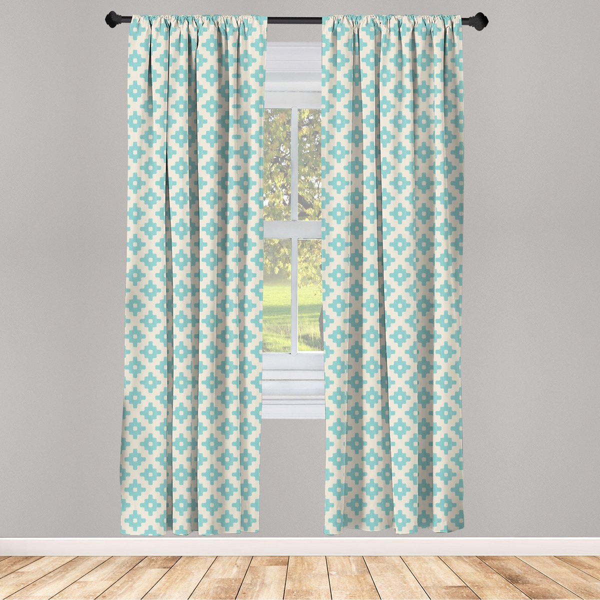ABAKUHAUS Turkoois-Beige gordijnen – geometrisch retro – 2x75x245 cm – microvezel