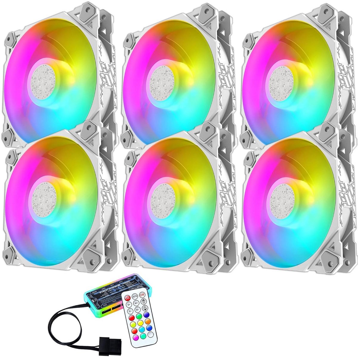 6 Stuks PC Ventilator 120mm Wit ARGB LED - Stille Hoge Luchtstroom & Afstandsbediening
