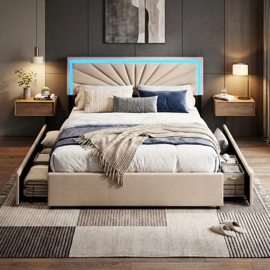 ADFBL Bed met Lades 160x200 Beige - Linnen Bedframe met RGB LED & 4 Opberglades | Sunburst Design