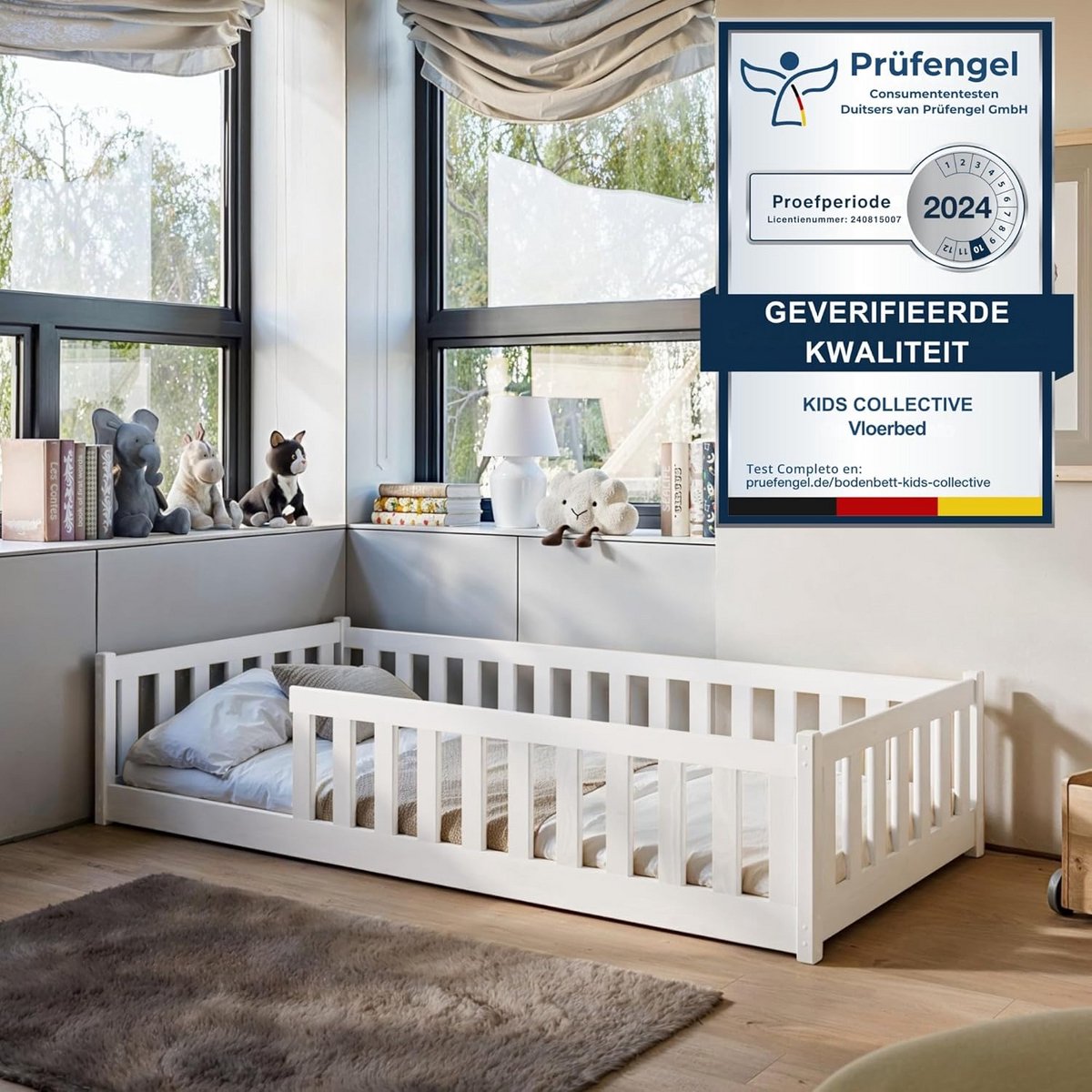 Montessori Kinderbed op de grond met Valbeveiliging en lattenbodem Wit