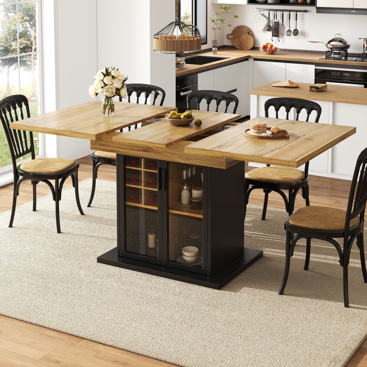 Sweiko Eettafel - Uitschuifbaar 140 cm - Houtnerfafwerking - Met wijnrek - Naturel + Zwart