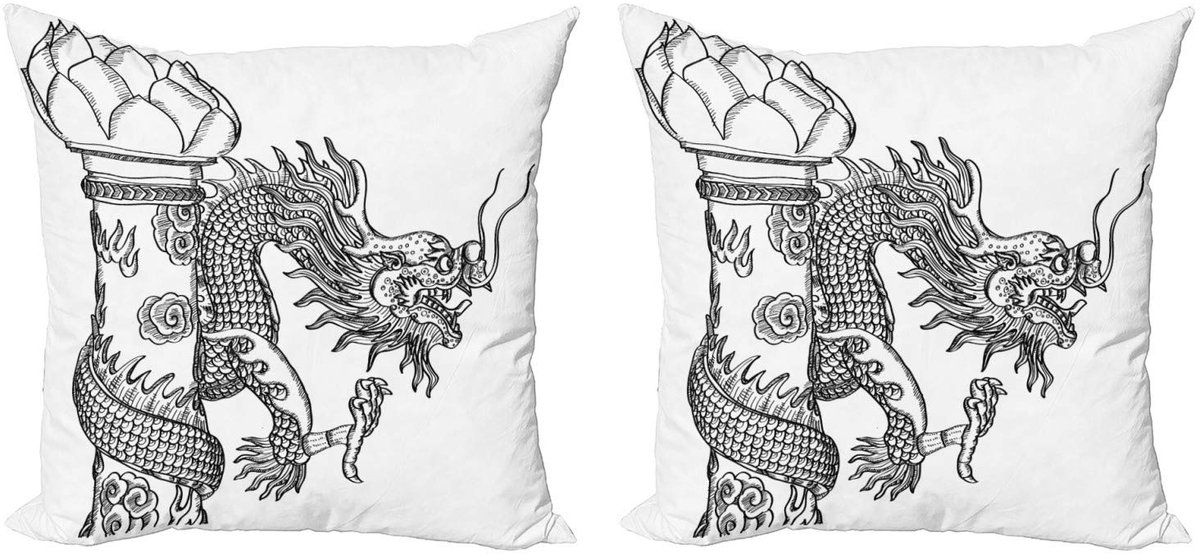 ABAKUHAUS Draak Kussenhoes Set – 2x50x50 cm – Dubbelzijdig bedrukt – Zwart-wit Wit Zwart