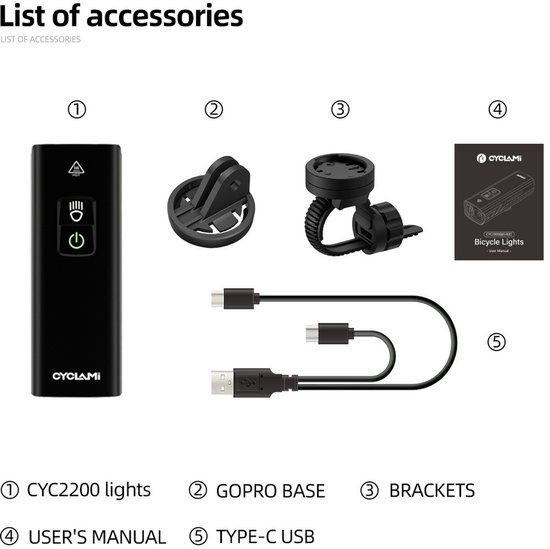 Cyclami Fietslamp LED - Inclusief Stuurhouder - Krachtige 2200 Lumen Fietslamp - Waterbestendig - 5 Modi - 4500 mAh - Bidirectioneel Laden - GoPro-Mount Compatibel — afbeelding 4