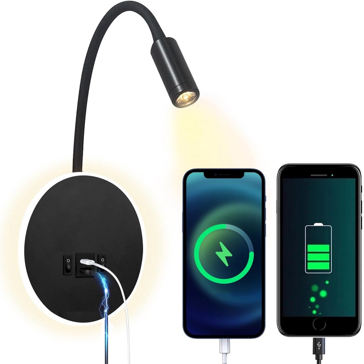 Verstelbare LED Wandlamp met Nachtkastleeslicht 12W 3000K Warm Wit USB Oplaadbaar Zwart