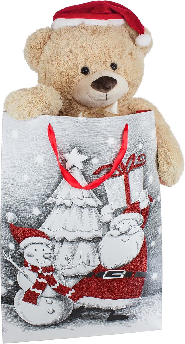 BRUBAKER XXL Teddy met kerstmuts - 100 cm groot in een geschenktas met kerstmotieven