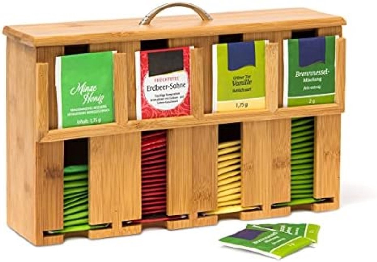 Bamboe theebox met 4 vakken - Opbergdoos voor theezakjes