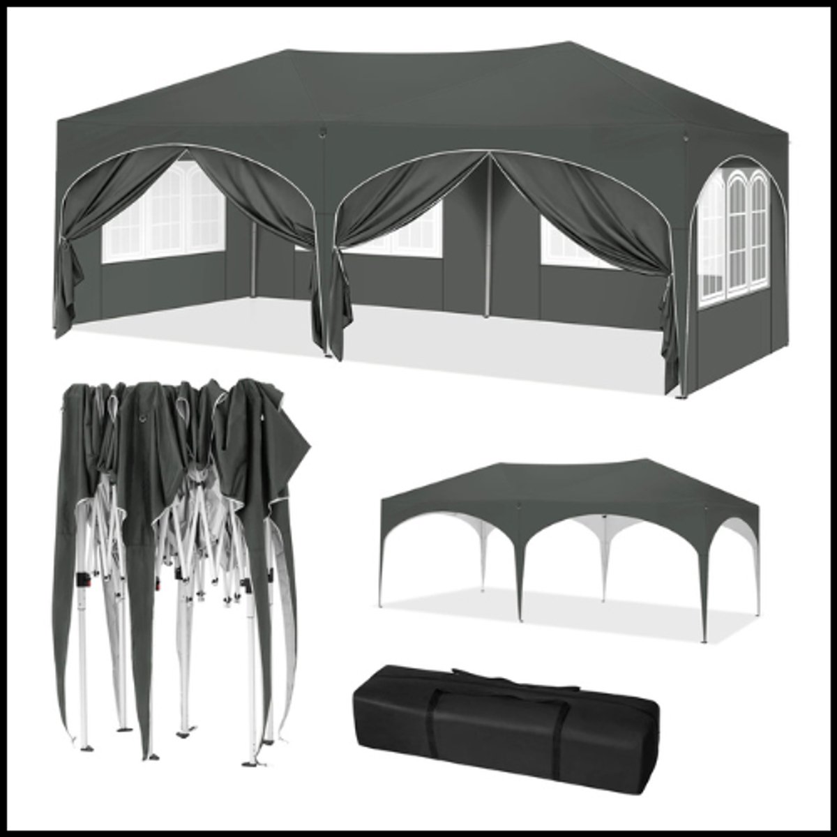 Opvouwbaar paviljoen 3x6m – Tuinoverkapping met 6 zijpanelen – Waterdicht – UV-bescherming 50+ – Verstelbare hoogte – Stabiel metalen frame – Eenvoudige opbouw – Grijs