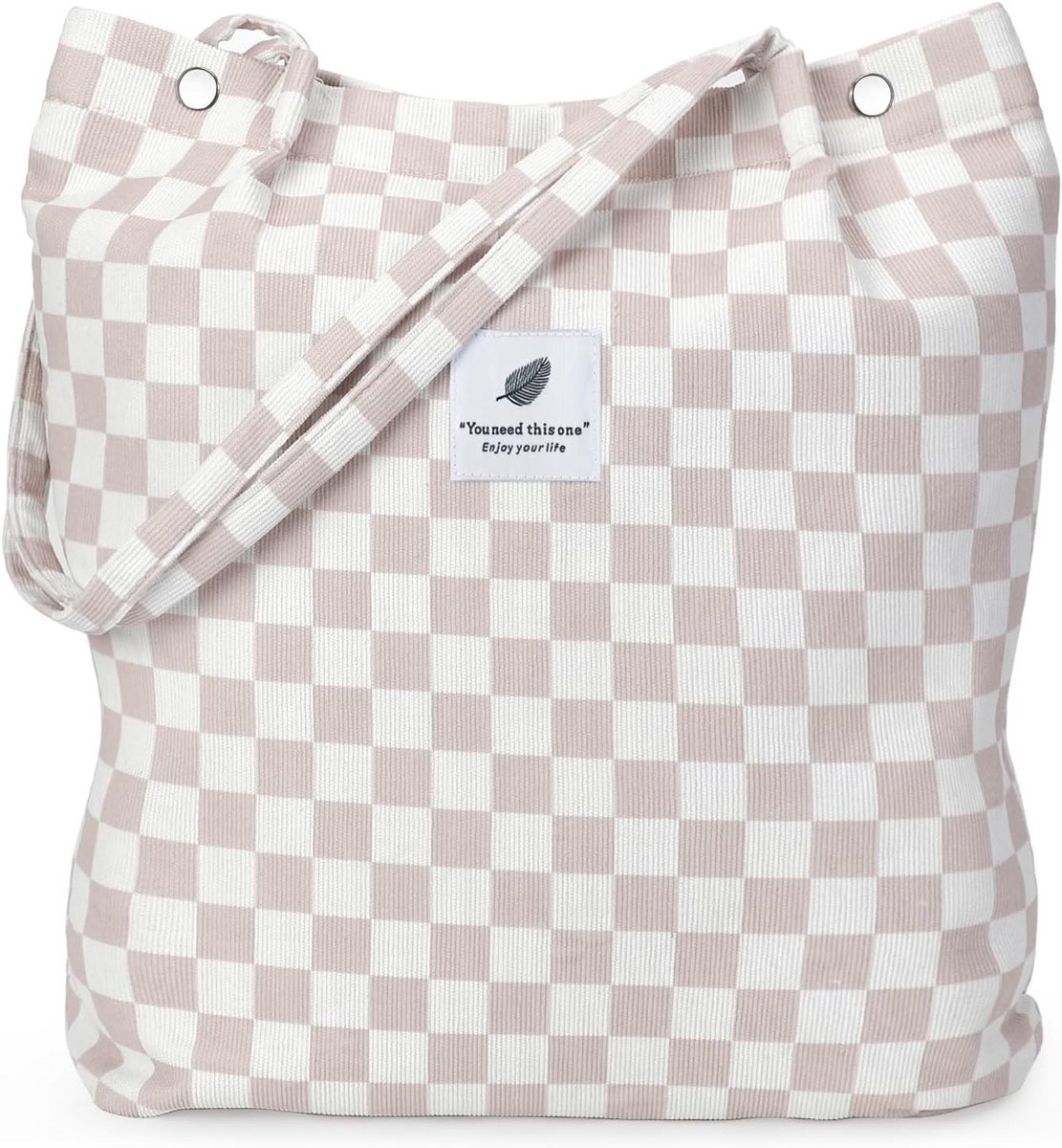 Grote Corduroy Shopper Tas voor Dames en Meisjes - Beige Geruit, Herbruikbare Boodschappentas