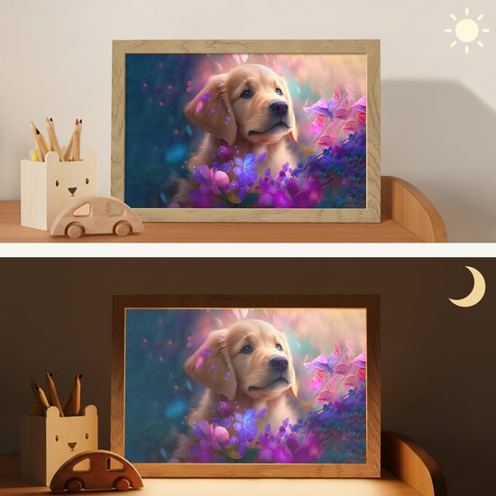 Nachtlampje 30x20 cm - Kinder lamp - Hond - Puppy - Zon - Bloemen - Golden retriever - Tafellamp kinderkamer - Slaapkamer lamp - Bedlamp kinderen - Kinderlampje stopcontact - Wandlamp babykamer - Nachtlampjes van Merkloos — afbeelding 4