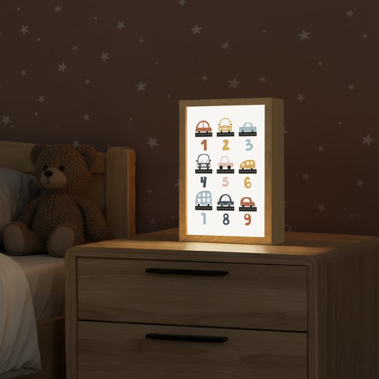 Nachtlampje 20x30 cm - Kinder lamp - Getallen - Educatief - Leren tellen - Cijfers oefenen voor kinderen - Auto's - Voertuigen - Tafellamp kinderkamer - Slaapkamer lamp - Bedlamp kinderen - Kinderlampje stopcontact - Wandlamp babykamer - Nachtlampjes van OnlyWow — afbeelding 2