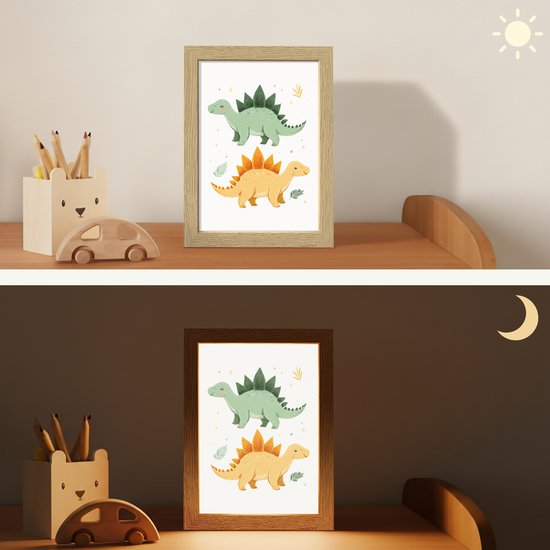 Nachtlampje 15x20 cm - Kinder lamp - Sterren - Stegosaurussen - Blaadjes - Groen - Tafellamp kinderkamer - Slaapkamer lamp - Bedlamp kinderen - Kinderlampje stopcontact - Wandlamp babykamer - Nachtlampjes van Merkloos — afbeelding 4