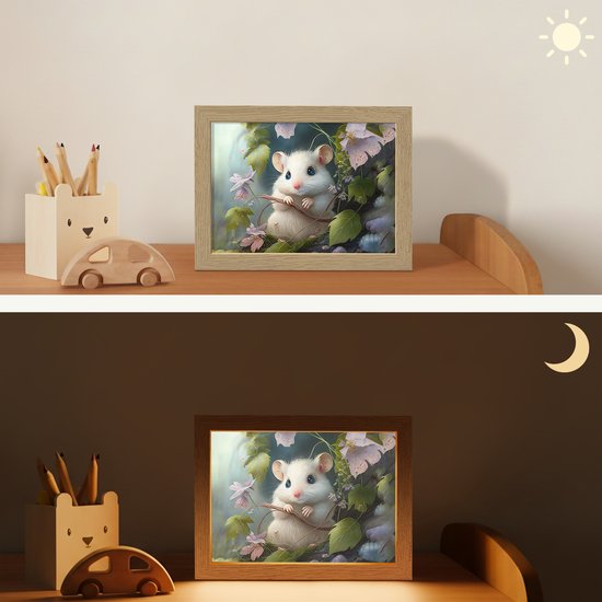 Nachtlampje 20x15 cm - Kinder lamp - Muis - Bos - Bloemen - Illustratie - Bosdieren - Tafellamp kinderkamer - Slaapkamer lamp - Bedlamp kinderen - Kinderlampje stopcontact - Wandlamp babykamer - Nachtlampjes van Joyura — afbeelding 4