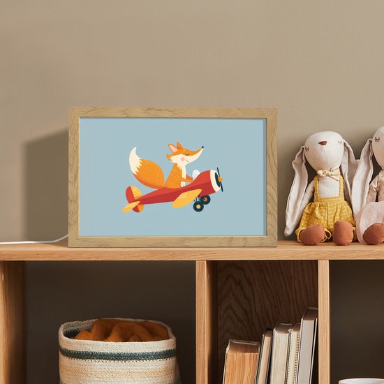 Nachtlampje 30x20 cm - Kinder lampje - Vos - Vliegtuig - Blauw - Tafellamp kinderkamer - Slaapkamer lamp - Bedlamp kinderen - Kinderlampje stopcontact - Wandlamp babykamer - Nachtlampjes van Merkloos — afbeelding 3