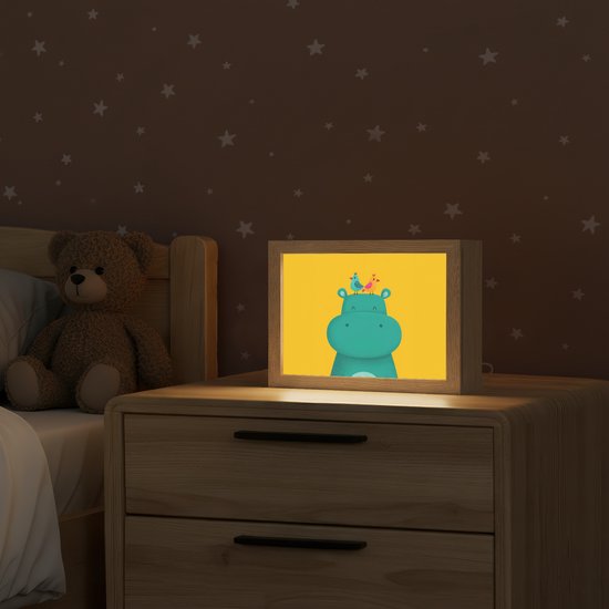 Nachtlampje 20x15 cm - Kinder lamp - Nijlpaard - Vogels - Groen - Geel - Tafellamp kinderkamer - Slaapkamer lamp - Bedlamp kinderen - Kinderlampje stopcontact - Wandlamp babykamer - Nachtlampjes van Dalber — afbeelding 2
