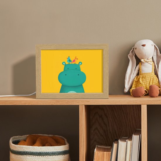 Nachtlampje 20x15 cm - Kinder lamp - Nijlpaard - Vogels - Groen - Geel - Tafellamp kinderkamer - Slaapkamer lamp - Bedlamp kinderen - Kinderlampje stopcontact - Wandlamp babykamer - Nachtlampjes van Dalber — afbeelding 3