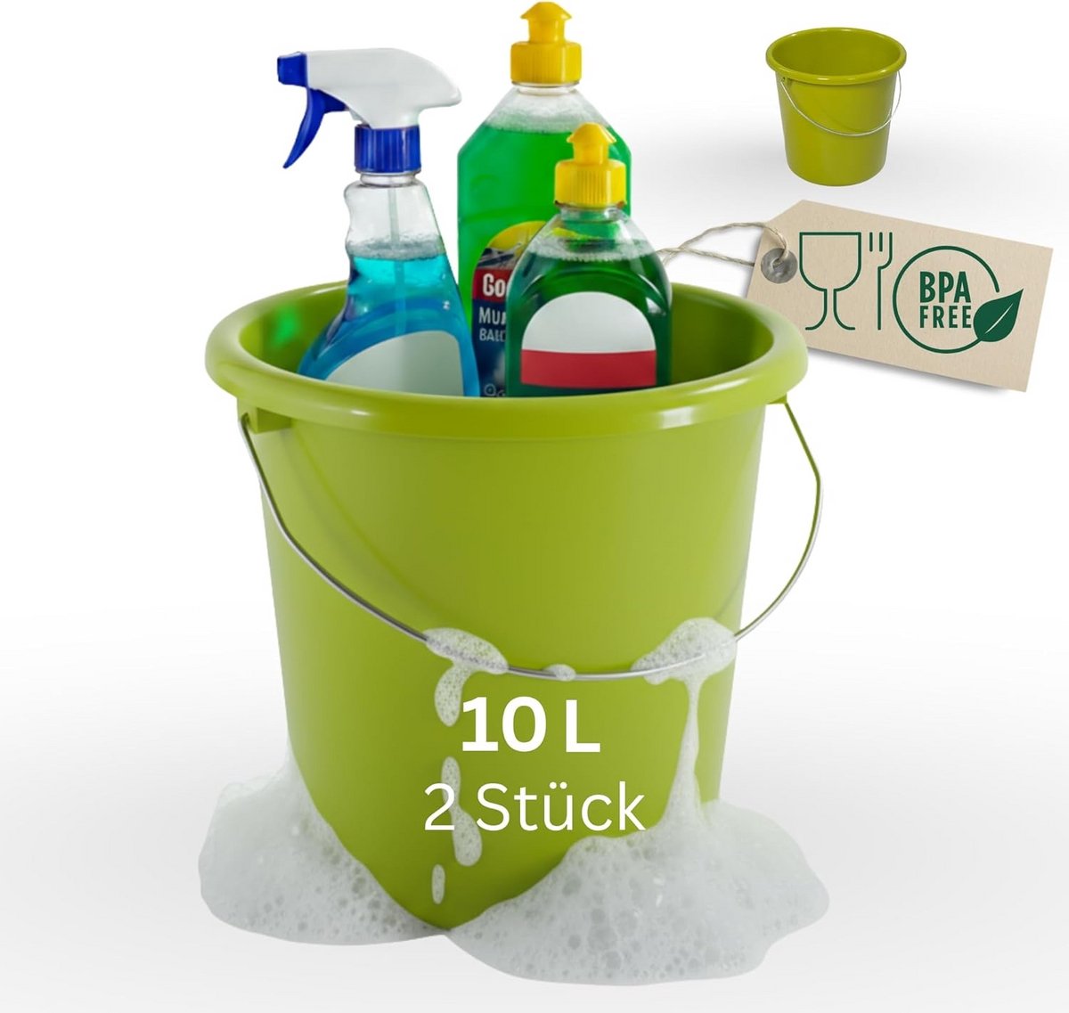 Set van 2 Groene Emmer 10 Liter met Maatverdeling - Robuuste Huishoudemmer en Wateremmer