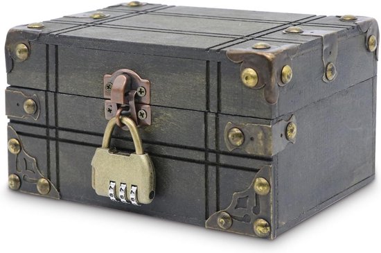 XPJBKC Schatkist, 24 x 17 x 9,5 cm, houten kist met cijferslot