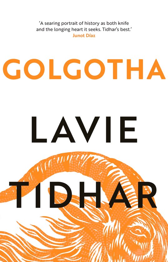 Boek "Golgotha" van Lavie Tidhar met een oranje illustratie van een gehoornd dier.