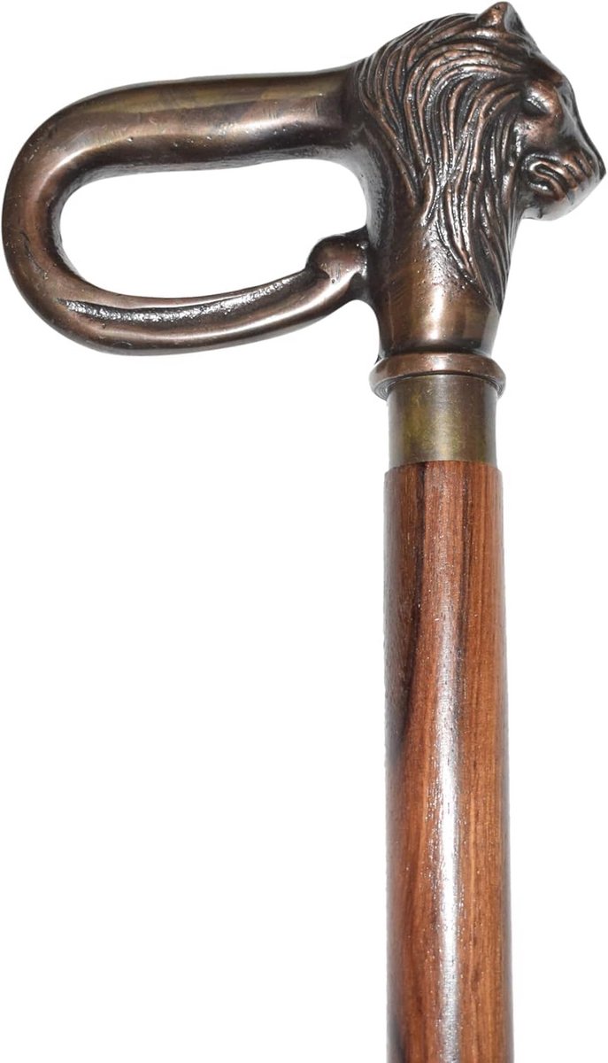 Houten Wandelstok met Zware Aluminium Leeuwenkop Handvat - Vintage Design