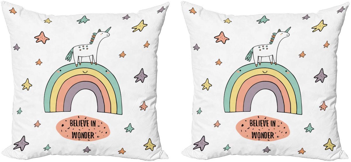 ABAKUHAUS Eenhoorn Kussenhoes – 2x45x45 cm – Regenboog Sterren – Dubbelzijdig Wit