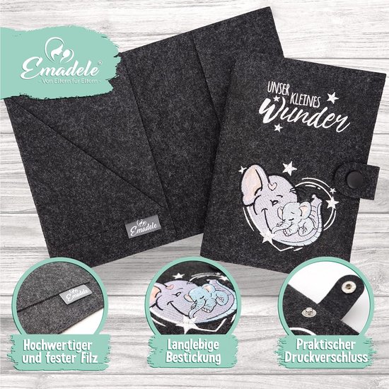 Handgemaakte Vilt Paspoorthoes Moeder & Baby Documenten Organizer Olifant Grijs — afbeelding 2