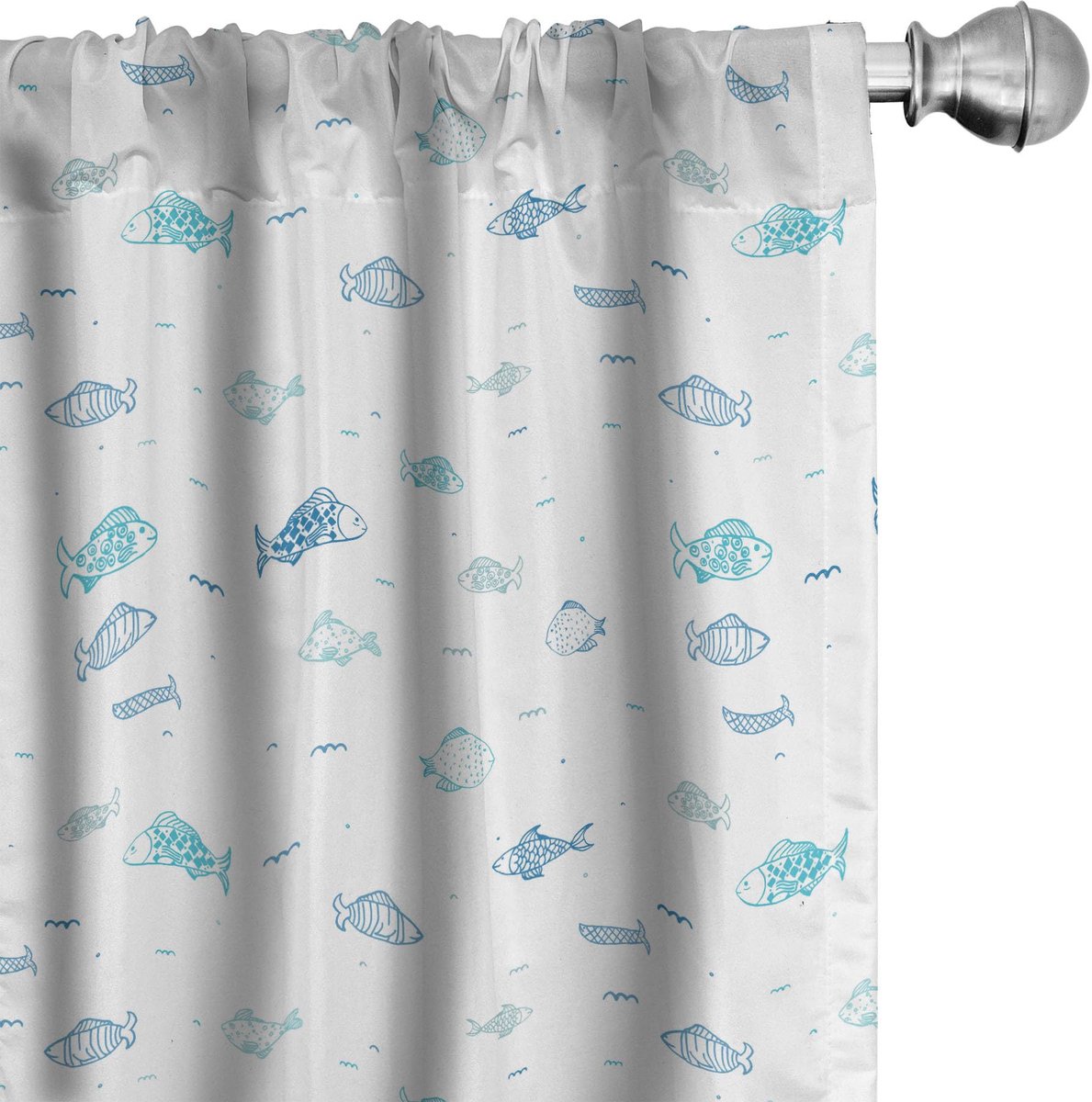 ABAKUHAUS Nautische Voorhangen 2x75x225 cm – Vismotief – Hemelsblauw Sky Blue Weiß