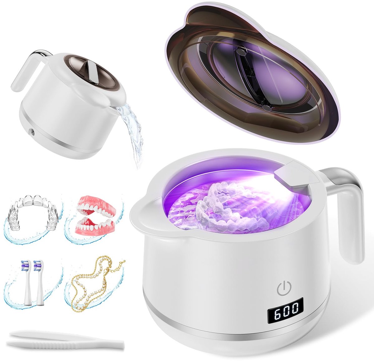 Ultrasone Fixeerreiniger (Porselein Wit) - 45kHz - 200ML - 5 Modellen - Digitale Timer- Mondbescherming - Kunstgebitten - Pods Reinigingsapparaat - Ideaal voor Thuis - Dental Zorg - Diepgaande Schoonheid