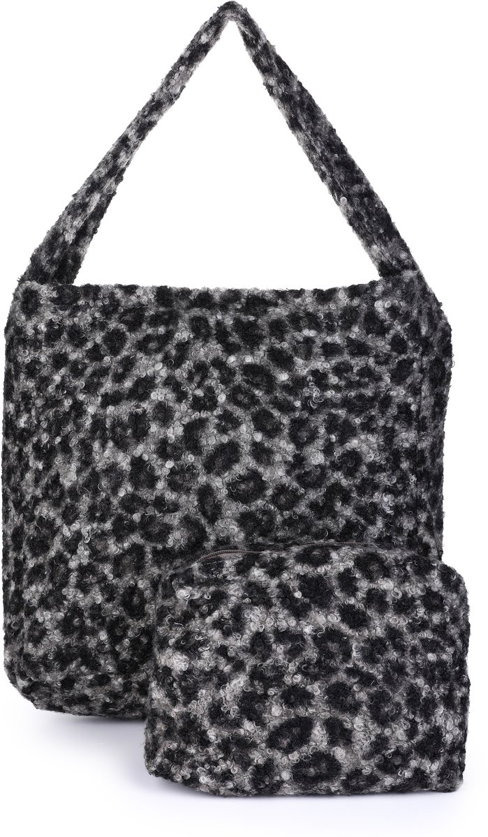 Teddy Tas - Inclusief Bijpassend Tasje/Etui - Shopper - Luipaardprint - Faux Fur Tas - Leopard - Grijs/Zwart