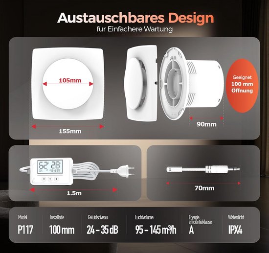 BUMSOU Badventilator met vochtigheidssensor, temperatuursensor en timer