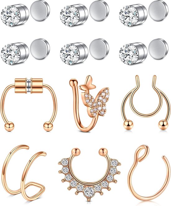 Telooco 16 stuks nep-neusringen nep neuspiercing, gotische septum neusring 20G roestvrij staal faux lip piercing hoepel voor vrouwen mannen, Edelstahl