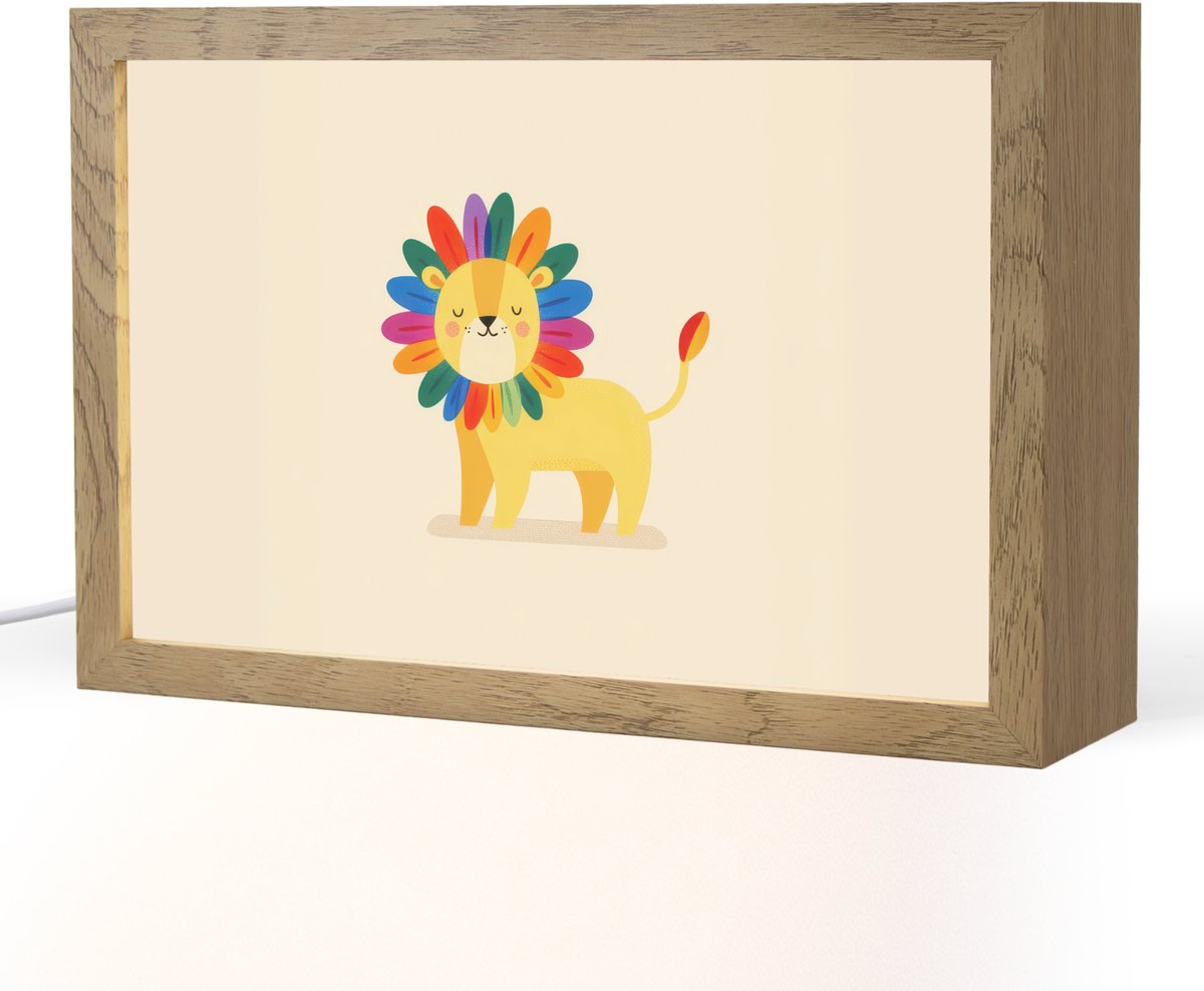 Nachtlampje 30x20 cm - Kinder lampje - Leeuw - Kleurrijke manen - Beige - Tafellamp kinder