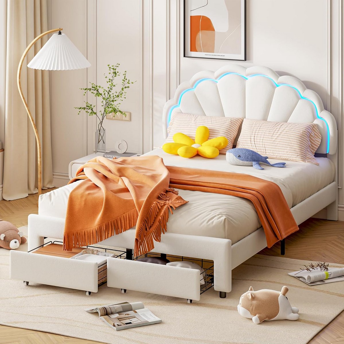Gestoffeerd Kinderbed 140x200 cm met Bloemen Hoofdbord en Lattenbodem, Tweepersoons Kinderbed met Lades