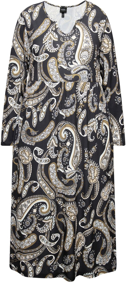Ulla Popken Dames - Jersey jurk A-lijn tuniekhals lange mouwen - Zwart - Maat 62+