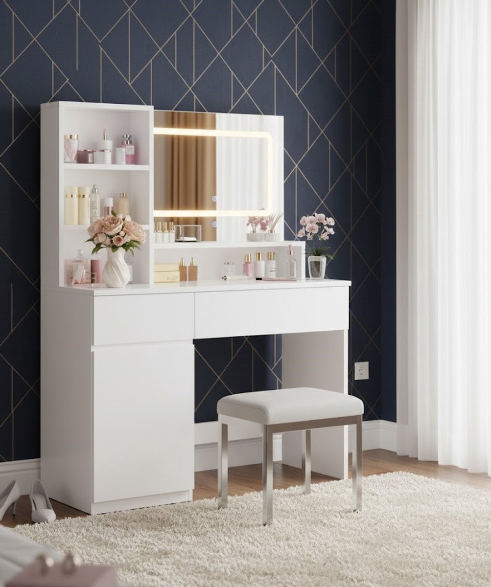 Novihome Luxe Make-uptafel met LED-spiegel en Opbergruimte – 90 x 40 x 135 cm – Novihome