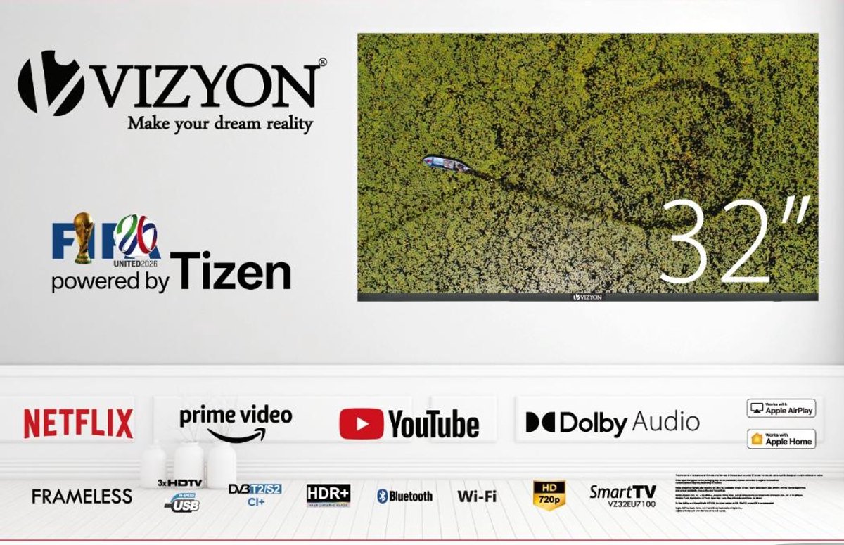 VIZYON 32” HD Ready Smart TV – Wi-Fi/Bluetooth – YouTube/Netflix – 2×HDMI – 1×USB