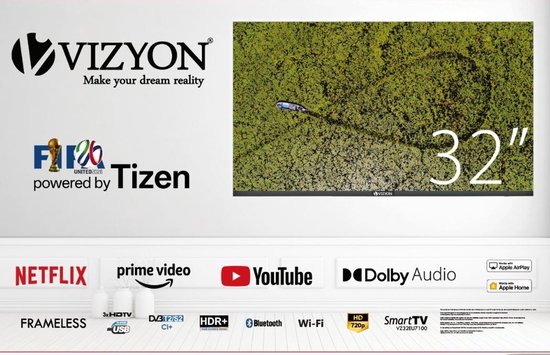 VIZYON 32” HD Ready Smart TV – Wi-Fi/Bluetooth – YouTube/Netflix – 2×HDMI – 1×USB