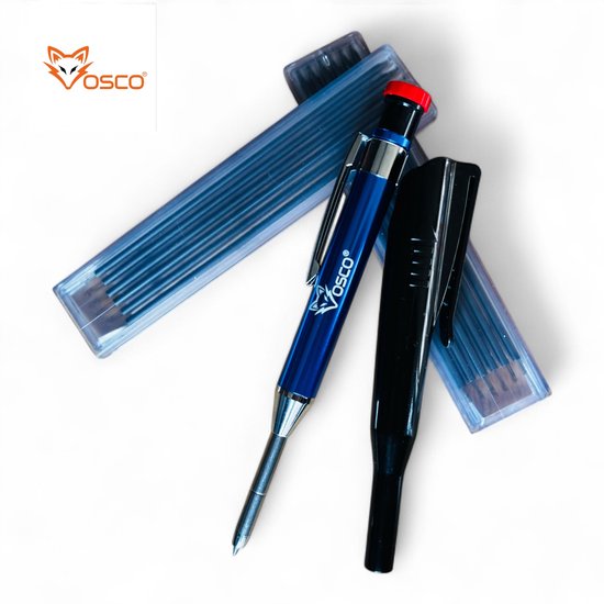 Vosco markeerstift met blauwe stift, zwarte dop en 2 houders met 2mm navullingen.