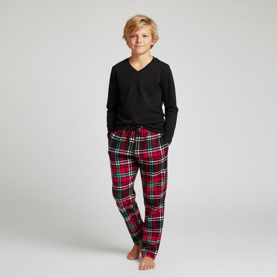 Pyjama La- V garçon avec pantalon en flanelle à carreaux Zwart/ rouge 152-158