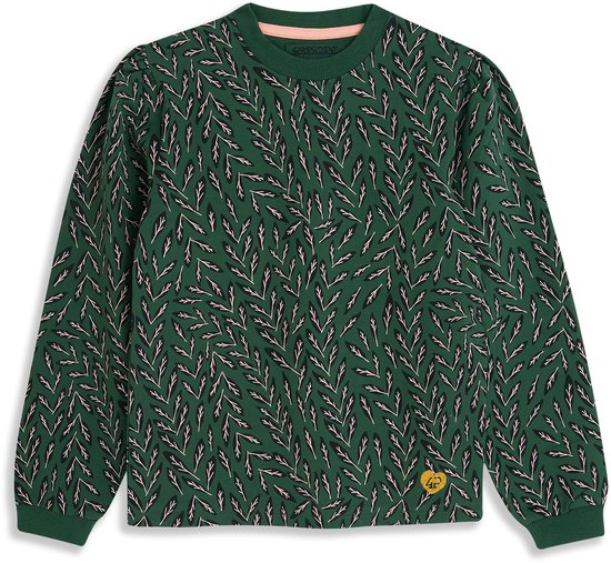 Sweat vert avec un imprimé intégral de feuilles noir et rose. Logo doré sur la poitrine.