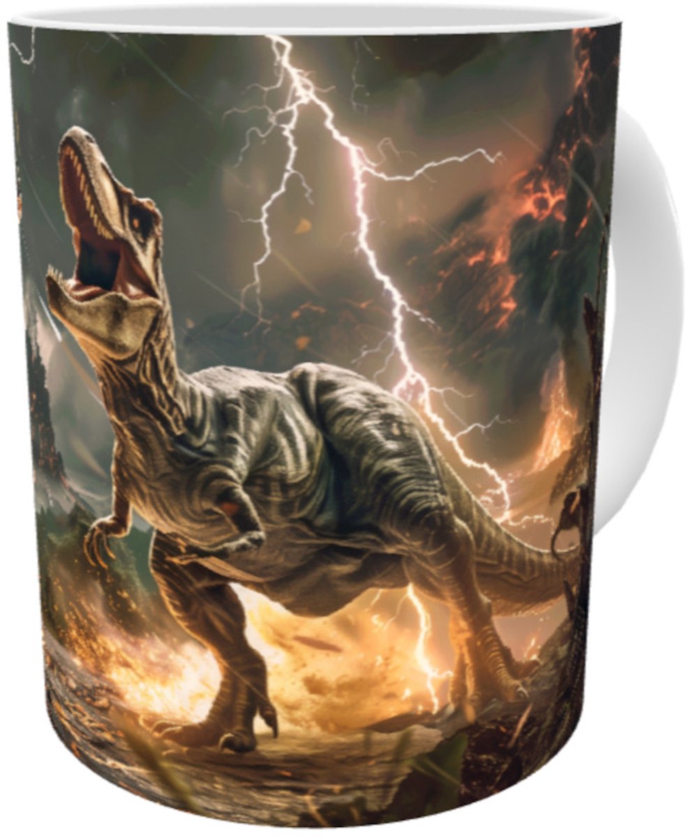 T-Rex Jurassic Animals Fighting in Fiery Lightning Meteor Storm - T-Rex Dinosaurussen Vurig Gevecht in Bliksem Storm en Meteoren Regen met Lava - Brute Kracht Dinosaurus Mok 330 ml