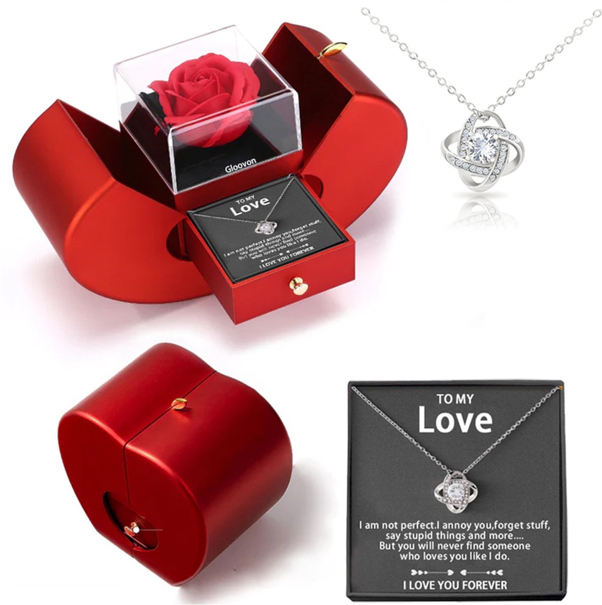 Gloovon® - Eeuwige Roos Cadeau - Luxe Appel Geschenkdoos voor Sieraden - Sieraden Doos + Silver - Inclusief Ketting & Cadeautas - Valentijn Cadeautje voor Haar - Decoratie - Moederdag Cadeautje