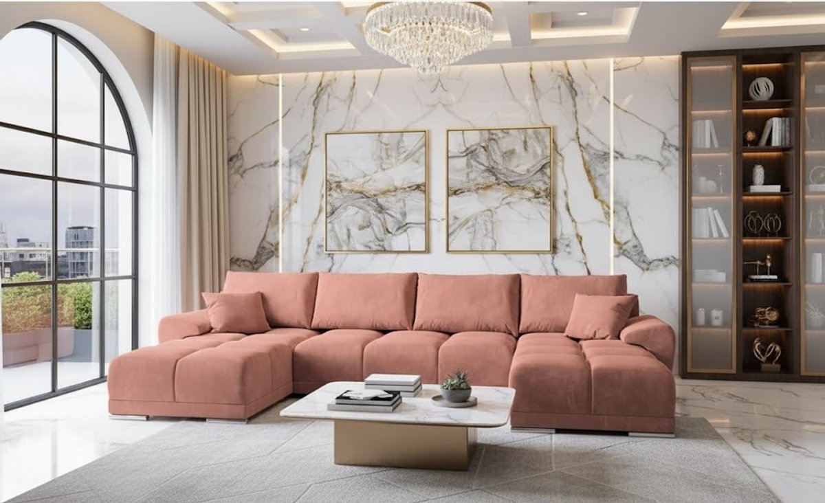U-vormige Fluwelen Hoekbank met Slaapfunctie en Opbergruimte 365x189 cm – Luxe U-Slaapbank met Bedfunctie & Kussens – Comfortabele Grote Hoekbank voor 4 Personen – Roze (MO-61) – Novihome