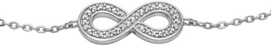 Gedetailleerde zilverkleurige infinity bedel bezet met zirkonia steentjes.