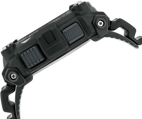 Zijkant van een zwart G-Shock horloge met knoppen voor 'START-STOP' en 'SPLIT-RESET'.